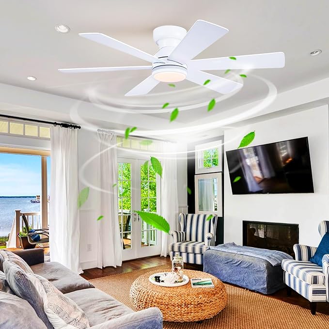 Asyko 46" White RGB Ceiling Fans with Lights and Remote,Low Profile Ceiling Fans with Quiet Reversible DC Motor,Small Modern Flush Mount Ceiling Fan Light for Bedroom Kids Room