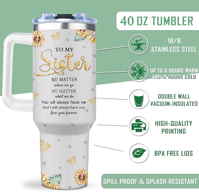 Muilzon Sister Gifts from Sisters Tumbler 40oz - Cool Funny Gifts for Big/Little Sister from Brother Coffee Mug - Christmas Mothers Day Birthday Gift Ideas for Soul Sisters Cup with Handle and Straw