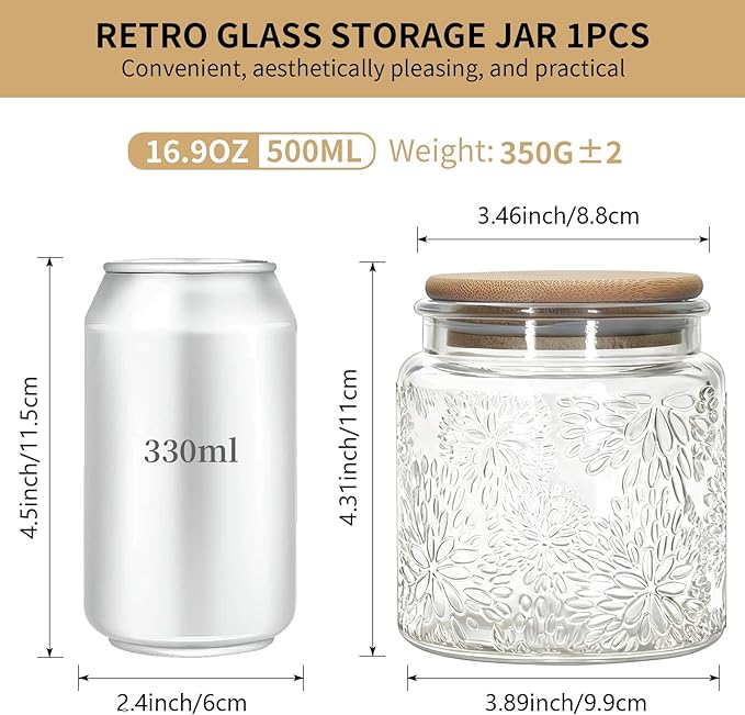 1Pc Snowflakes Style Vintage Glass Candy Jar with Airtight Bamboo Lid, Kitchen Storage Canister for Sugar, Coffee, Tea, Cookies, Bath Salt - Decorative Mason Jar for Pantry & Counter (1, Clear, 17oz)