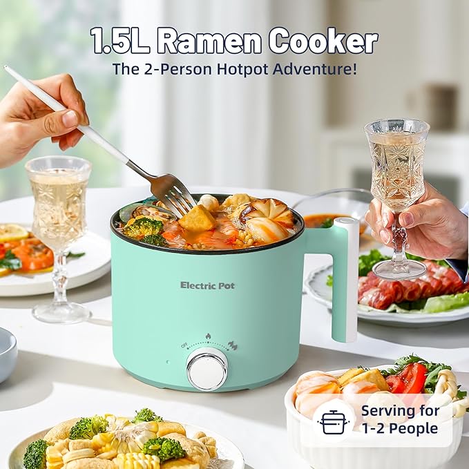 Electric Hot Pot :1.5L Mini Ramen Cooker with Overheat & Boil-Dry Protection, Suitable for Noodles, Soup, Oatmeal, College Dorm Office Travel Essentials (Green, 1.5L)