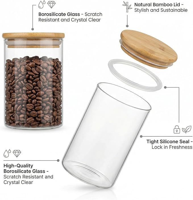 YAGELI Glass Coffee Canister Set with Acrylic Shelf, 2-Pack 44oz Airtight Food Storage Containers, Bamboo Lid & Scoop for Ground Coffee Sugar Tea Nuts Kitchen Pantry
