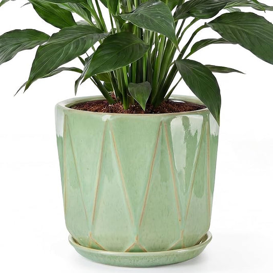 10 Inch Ceramic Plant Pot with Drainage Hole Mesh Net, Large Flower Pots for Indoor Plants with Saucer, Gardening Pots Outdoor (Crackle-Green)