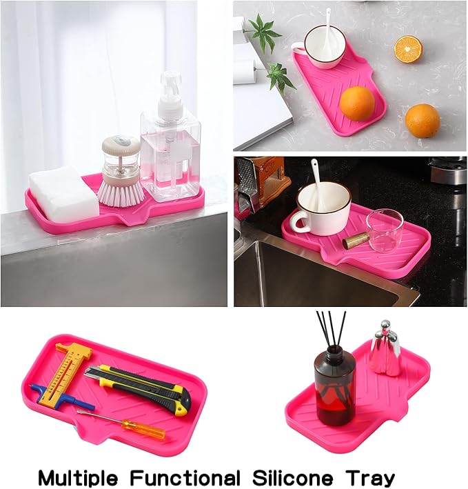 MicoYang Silicone Soap Dish with Drain Spout — Self-Draining Sink Organizer Tray for Bathroom & Kitchen, Sponges, Dispensers & Soap Holder, Non-Slip & Dishwasher Safe, Rose (Medium, 9.6"×5.3")