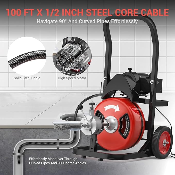 Garvee 100Ft 1/2 Inch Drain Cleaning Machine, 450W Portable Drain Cleaning Machine Auto Feed Electric Sewer Snake, Electric Drain Auger with 6 Cutter Air-Activated Foot Switch for 2" to 4" Pipes