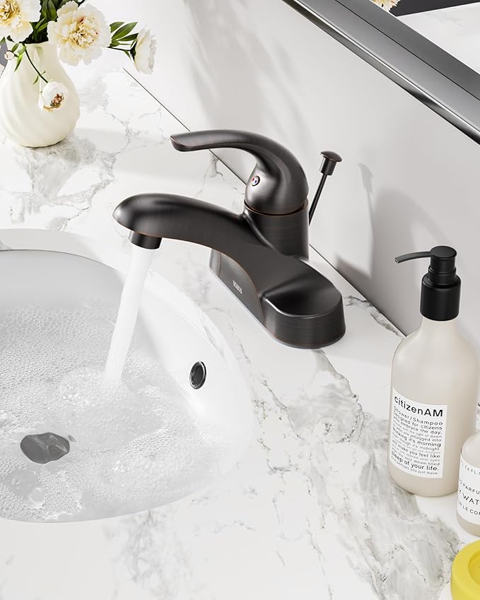 WOWOW Single Handle Commercial Bathroom Faucet Oiled Rubbed Bronze 4 inch Centerset Bathroom Basin Sink Faucets One Handle Vanity Faucets Basin Mixer Tap with Lift Rod Drain Assembly