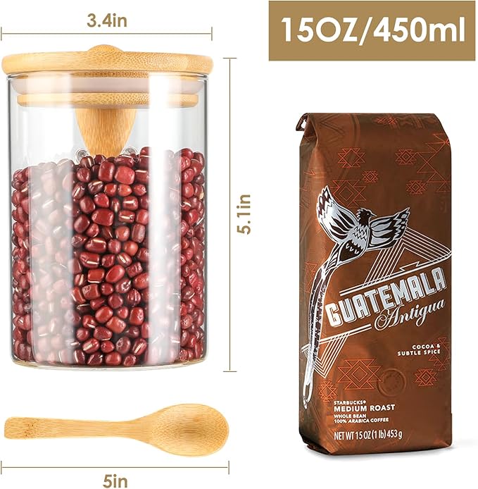 4 Pack Glass Containers Jars with Bamboo Lid and Spoon, 15OZ Airtight Glass Jars, Food Storage Jar Set Kitchen Glass Canisters for Coffee Beans, Tea, Flour, Nuts, Candy, Dry Goods, Cookie and More