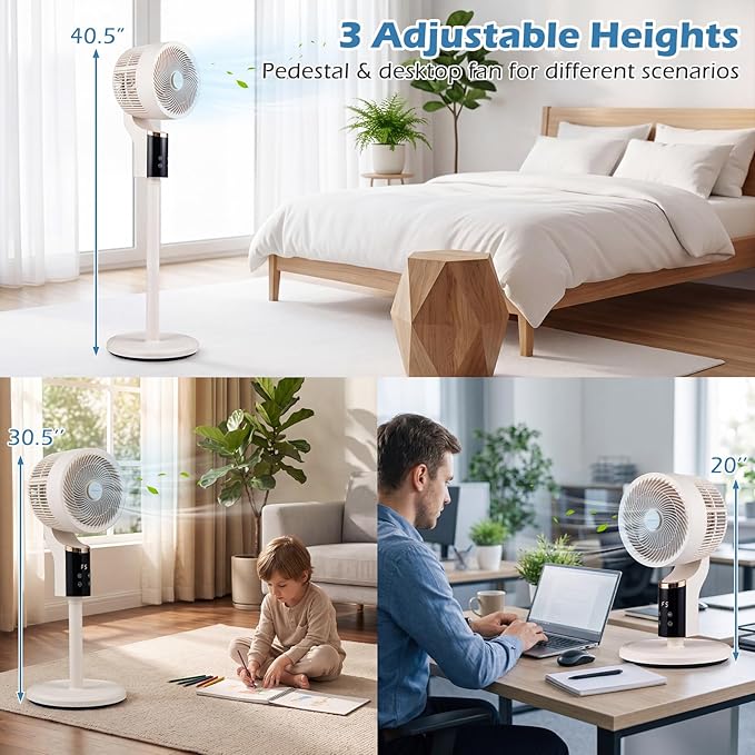 COSTWAY Pedestal Fan for Bedroom, Compact Oscillating Standing Fan with 70° Oscillation, 90° Tilt, 3 Adjustable Heights, 8 Speeds, 12H Timer & Remote, Quiet Table Fan for Home Office (White)