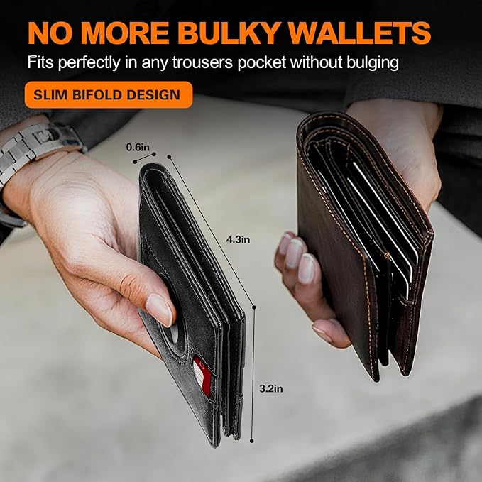 Wallet for Men Slim RFID Blocking Bifold Carbon Fiber,Minimalist Small Compact Front Pocket Credit Card Holder,Thin Mens Leather Wallets Smart Security With 2 ID windows 1 Cash (Oil Wax Black)