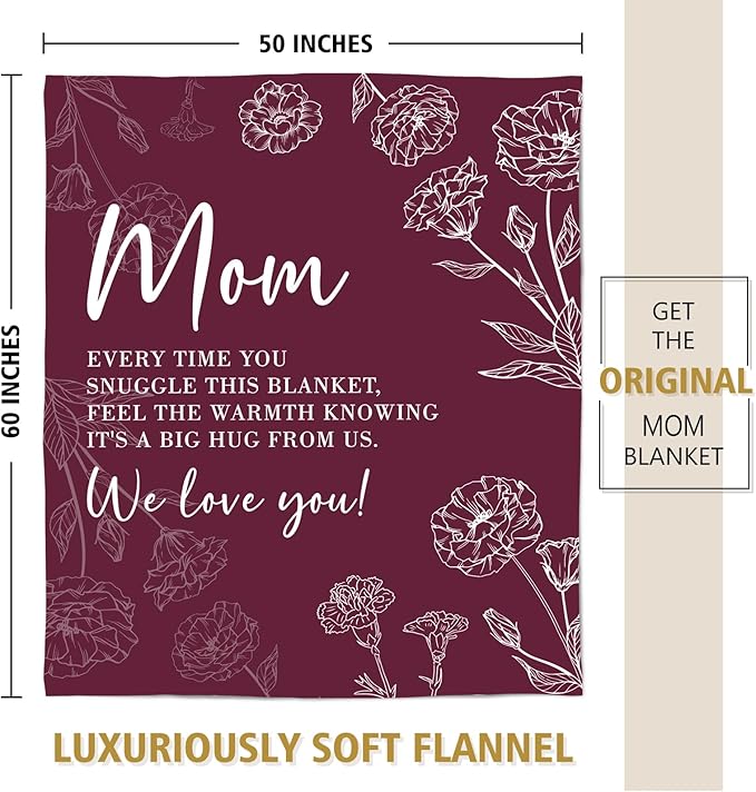 GiltGlimmer Gifts for Mom Mothers Day, Mom Birthday Gifts Blanket, Moms Gift for Women from Daughter Son, We Love You Present for Mother Mommy Christmas 60" x 50", Burgundy