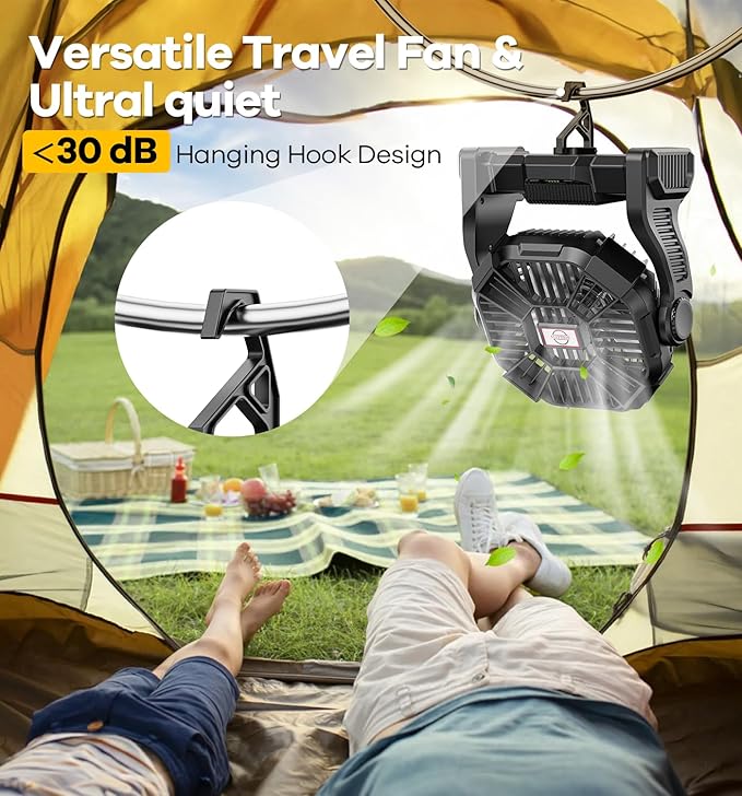 DOWILLDO 15000mAh Portable Battery Powered Camping Fan - with LED Light, Quiet Battery Operated, Camping Gear for Travel, Tent, Beach, Car or Hurricane Power Outages，Black