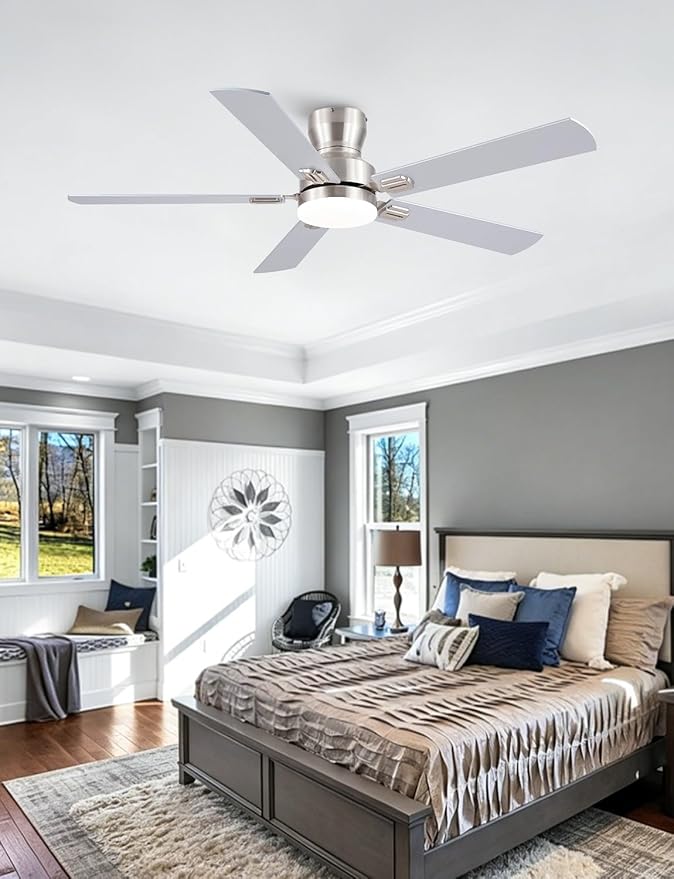Ceiling Fans with Lights, 52'' Low Profile Ceiling Fan with Light and Remote/APP Control, Modern Flush Mount Ceiling Fan for Indoor Bedroom Living Room, Dimmable, Qiuet DC Motor, Nickel