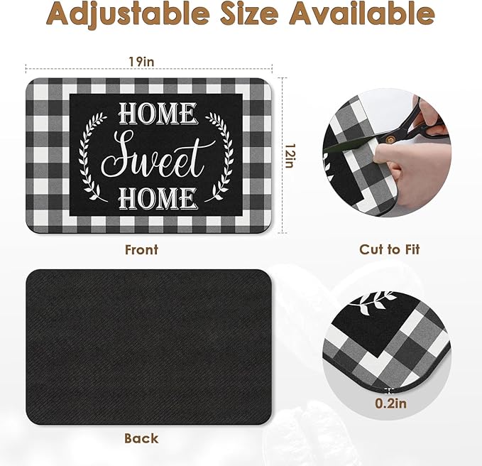 Arttown Coffee Mat for Countertops, Black White Grey Buffalo Grid Dish Drying Mat 2 Pcs for Kitchen Bar Accessories, Fit Under Coffee Maker Espresso Machine Dish Rack Hide Stain Rubber 12x19in
