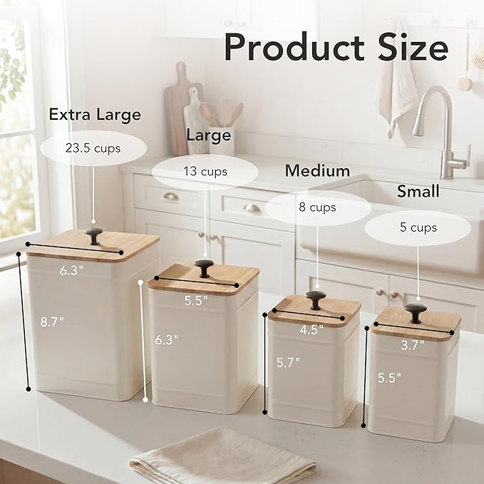 PERFNIQUE Kitchen Canisters, Airtight Canister Sets for Kitchen Counter, Kitchen Canisters for Countertop Set of 4, Coffee Tea Sugar Flour Spice Tin Jars Food Storage Container with Lid(White)