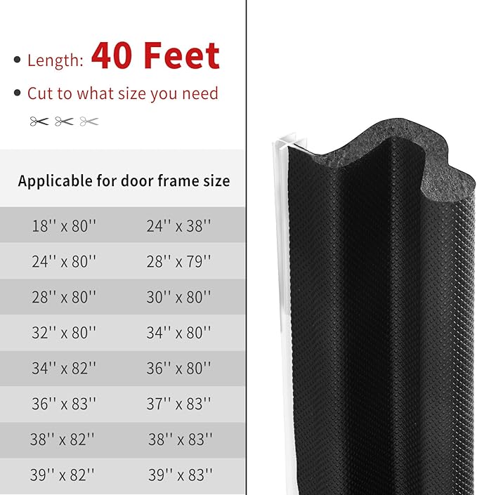 40 Feet Kerf Door Weather Stripping Door Seal, Long Reach V-Shaped Door Seal Strip for Door Frame Door Weatherstripping Insulation Strip Door Soundproofing for Large Gap(Black), ‎SIK40FTB