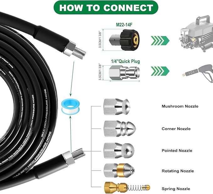60FT Sewer Jetter Kit for Pressure Washer, 5800PSI Drain Cleaner Hose 1/4 Inch NPT Corner, Rotating Button and Spray Sewer Jetting Nozzle, Water Jet Drain Cleaner Spanner Tape Pearl Corsage Pin