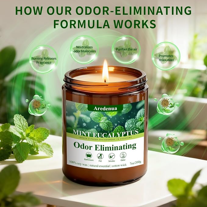 Mint Eucalyptus Odor Eliminating Candles | Eliminates 95% of Pet, Smoke, Food, and Other Smells Quickly – 7 oz Soy Candle for Home Scented - Air Freshing Scented Candles Gifts for Women Men