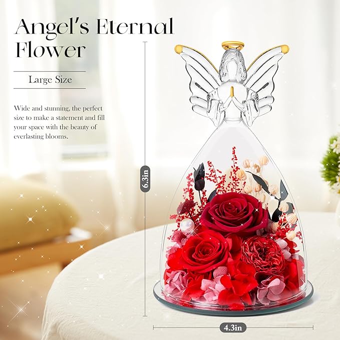 Mothers Day Roses Gifts for Mom Forever Preserved Real Roses Flowers in Glass Angel Figurines Fresh Flowers for Delivery for Grandma Women Mom Wife from Daughter/Red