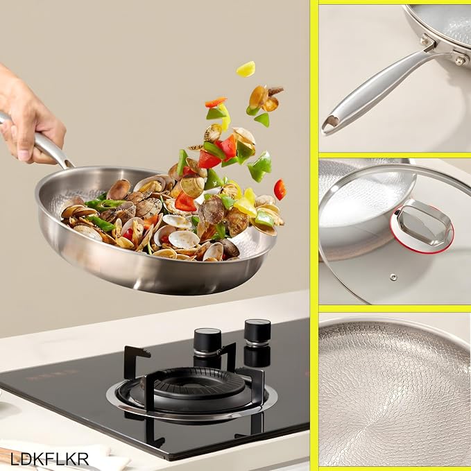 Titanium Hammered Pan with Lid, Titanium Frying Pa, No Coating Non-Stick Steak and Egg Pan Scratch-Resistant Titaniums Cookware for Cooking Compatible with All Cooktops,11.8 2.5 in