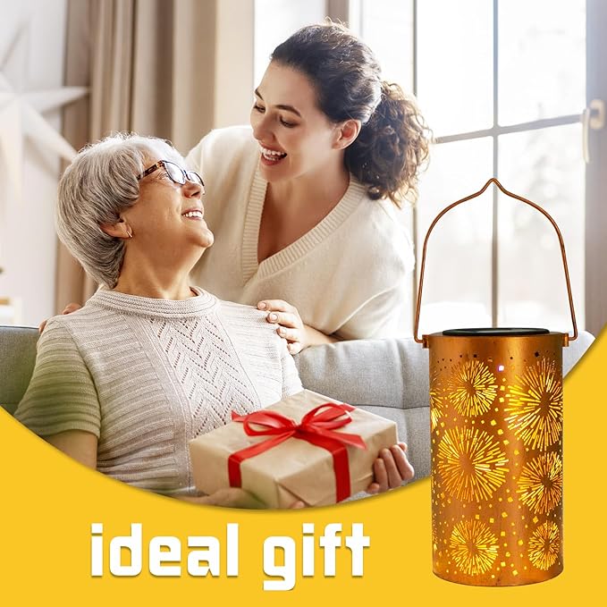 Mothers Day Gifts, Fireworks Birthday Gifts for Women, Solar Lanterns Outdoor Waterproof, Garden Decor Metal Hanging Decorative Solar Lights for Patio Yard Lawn, Gardening Gifts for Women Mom Grandma