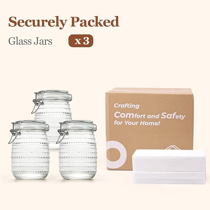 ComSaf 34oz / Set of 3 Glass Small Kitchen Canisters for Coffee Bar & Countertop,Decorative Apothecary Jars for Coffee Station,Embossed Storage Containers for Tea, Sugar, and as a Housewarming Gift
