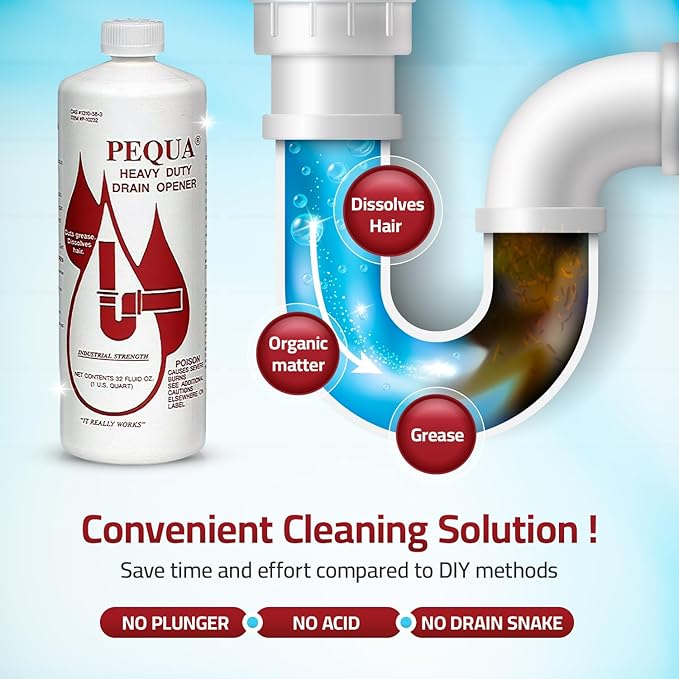 PEQUA INDUSTRIES Pequa Heavy Duty Drain Opener, Non-Acid, Fast-Acting Formula, Industrial strength Drain Cleaner for Sinks, Tubs, Septic Tanks - 32 Oz (4)