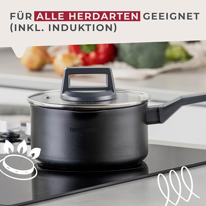 Fackelmann STATEMENT 16cm Cooking Pot, Recycled Aluminium, Non-Stick PFAS Free Ceramic Coating, Heat-Resistant Comfort Grip Handle, Glass Lid, All Stoves Including Induction, 32.5x16x8.5cm, Ash Grey