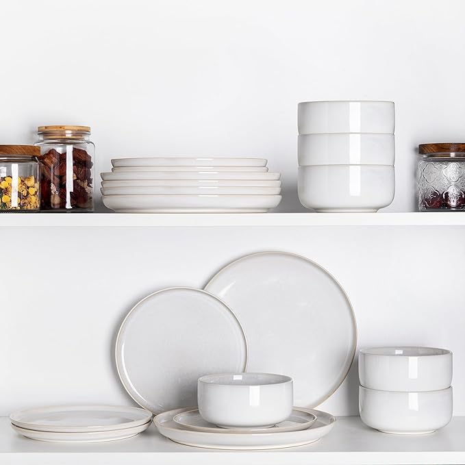 TheTerra Ceramic Dinnerware Sets for 4, 12 Pieces Handmade Reactive Glaze Plates and Bowls Set, Scratch Resistant Dish Set, Oven & Microwave & Dishwasher Safe, Star White