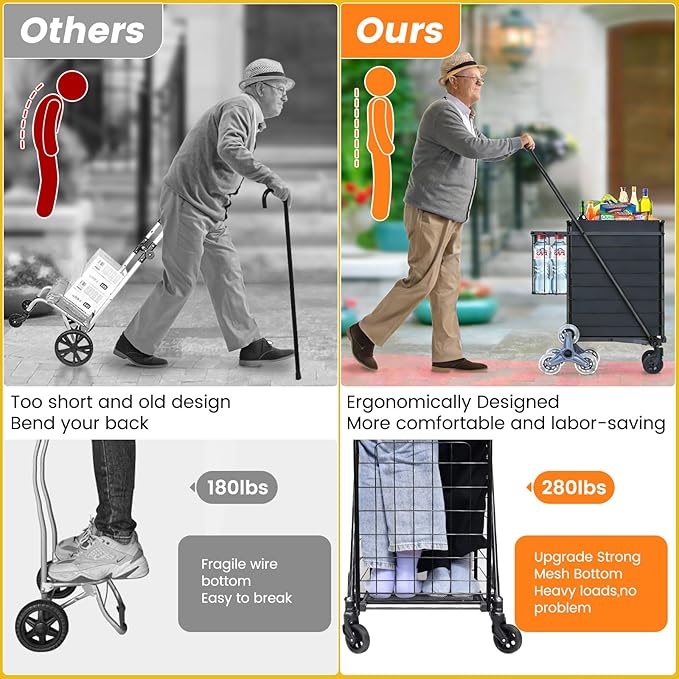 [Upgrade] Shopping Cart for Groceries, 280 LBS Large Grocery Cart with Waterproof Liner, 360° Rolling Swivel Wheels, Heavy Duty Utility Cart Folding Shopping Carts for Laundry Luggage Gift