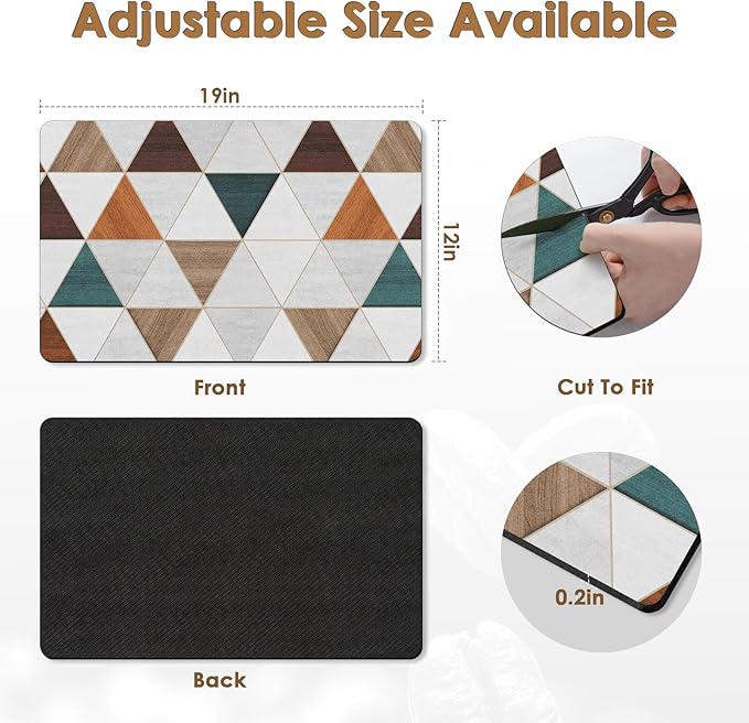 Arttown Coffee Mat for Countertops, Modern Minimalist Geometric Patchwork Brown Dish Drying Mat 2 Pcs for Kitchen Bar Accessories, Coffee Maker Espresso Machine Dish Rack Hide Stain Rubber 12x19in