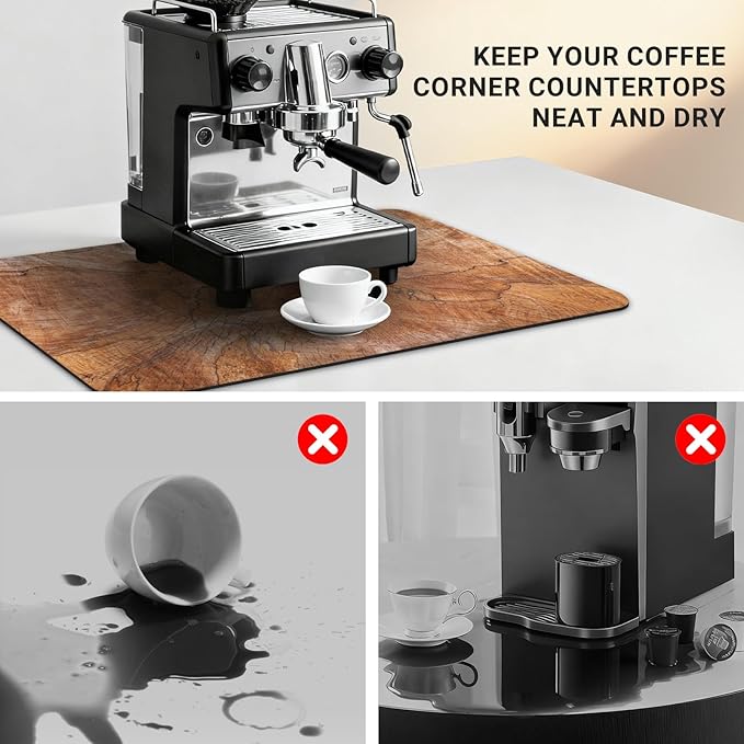 Coffee Mat 19x12 Inch, Wood Grain Coffee Bar Accessories, Absorbent Hide Stain Rubber Backed Dish Drying Mat for Kitchen Counter, Mats for Countertops, Under Coffee Maker Machine Pot Espresso Staion