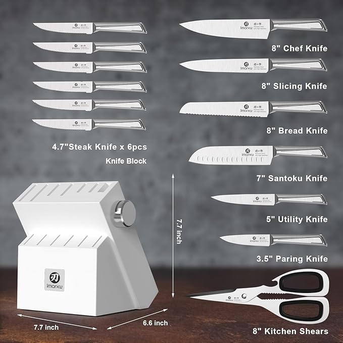 imarku 14-Piece Knife Set with Block, Built-in Sharpener, High Carbon Stainless Steel Kitchen Knives, Dishwasher Safe, Rust Resistant, Non- Slip Handle–Gift for Home Cooks & Chefs, White
