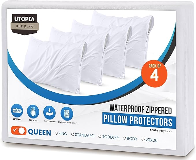 Set of 4 Pillow Protectors with Zipper Queen Size, Bed Bug and Dust Mite Proof Pillow Covers, Ultra Soft Pillow Encasements, Moisture Wicking and Waterproof Pillow Cases by Utopia Bedding (White)