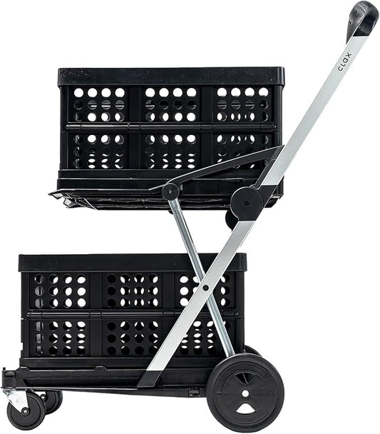 CLAX® The Original | Made in Germany | Multi Use Functional Collapsible Carts | Mobile Folding Trolley | Storage Cart Wagon | Shopping Cart with 2 Storage Crates (Black)