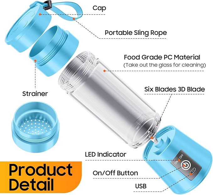 2026 Newly Upgraded Portable Smoothie Blender - Cordless Personal Blender Type-C Rechargeable, 13Oz Juice Cup BAP Free, 20,000Rpm Speed Powerful Blending, Freshly Squeezed in Sports/Office