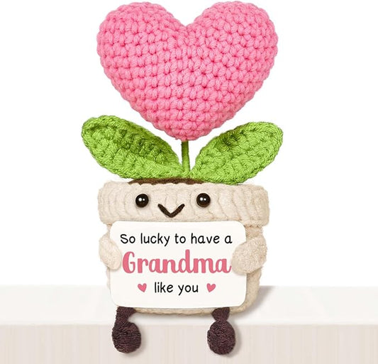 Grandma Gifts, Mothers Day Birthday Gift for Grandma from Granddaughter Grandson, Mini Handmade Emotional Positive Crochet Pink Heart Flower