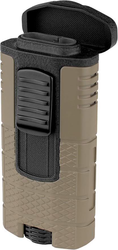 Xikar Tactical Triple Power Jet Flame Lighter, Engineered for Performance, Removable Pocket Clip, Angled Jet Flames, Ergonomic Metal Body, Tan and Black