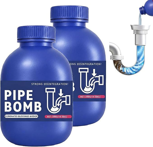 Pipe Bobo Drain Cleaner 2-Pack, Powerful Drain Clog Remover Powder for Kitchen & Bathroom, Professional Pipe Bomb to Dissolve Stubborn Hair & Grease, Safe for Septic Systems | 2 x 300g