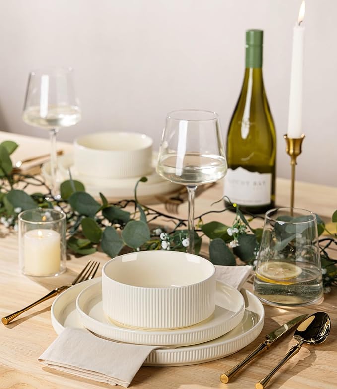 TheTerra Ceramic Dinnerware Sets with Pasta Bowls for 4, 16 Pieces Porcelain Lightweight Plates and Bowls Sets, Scratch Resistant Dish Set, Oven & Microwave & Dishwasher Safe, Beige
