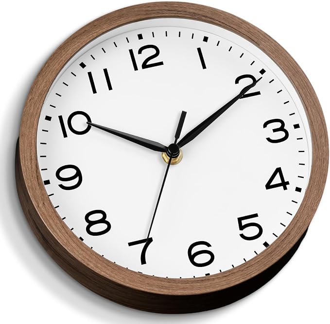 AKCISOT 8 Inch Wall Clock, Battery Operated Analog Clock, Silent Non-Ticking, Ideal for Bedroom, Bathroom, Kitchen, Office and School, Walnut