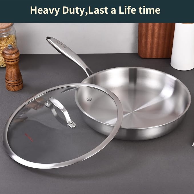 DELARLO Tri-ply Stainless Steel Frying Pan Set with Lid 8" 10" 12" | Induction Large Skillets Chef's Pan, Pots and Pans Set, Suitable for All Stove Kitchen Cookware Set