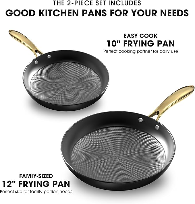 imarku Frying Pans, 10 & 12 Inch Cast Iron Skillets with Honeycomb Surface | Non Stick Frying Pans, Oven Safe & Induction Compatible, Ergonomic Stay-Cool Handle, Gold