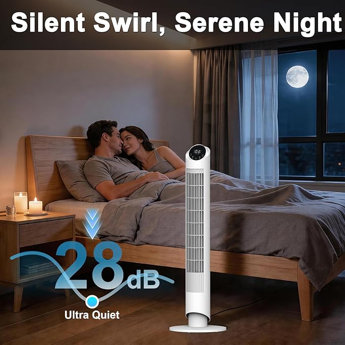 hykolity Tower Fan for Bedroom, 90° Oscillating Fan, 28dB Ultra Quiet Floor Fan with Remote Control, 26ft/s Velocity Bladeless Floor Fan with 3 Speeds & 4 Modes, 12H Timer - White