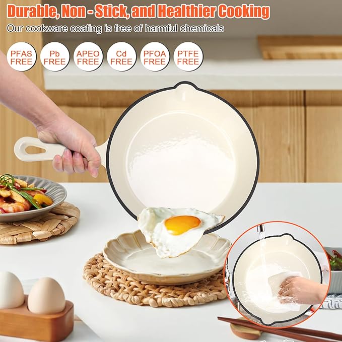 Nonstick Enameled Cast Iron Cookware Set - 8 Piece Pots and Pans with Lid, Frying Pan, Skillet, Dutch Oven Set for All Stovetops, Ideal for Sourdough Bread Baking, Comes with Organizer, Cream White