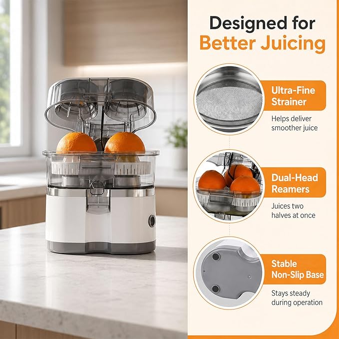 Dual-Head Automatic Citrus Juicer, Electric Citrus Juicer with Power Cord and Cleaning Brush, 1-Button Orange Lemon Lime Squeezer, Detachable Easy Clean Juicers Machine for Kitchen (White)