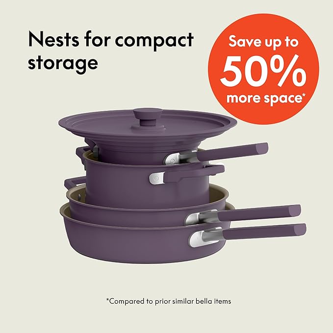 bella 9 Piece Ceramic Nonstick Cookware Set, Fits-anywhere™ Kitchenware w EverGood™ Coating, Dishwasher & Oven Safe, All Stovetops Compatible, Stackable Design, Cool Touch Handles, Plum