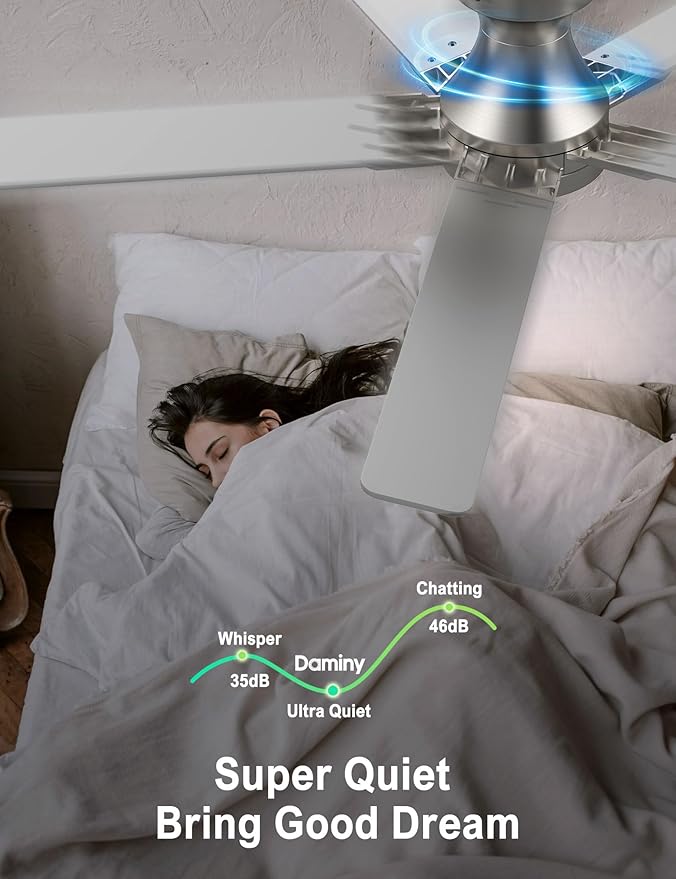 DAMINY 52 inch Nickel Ceiling Fans with Lights,5 Blades,6CCT, Low Profile,Remote Control,for Bedroom, Kitchen,Living Room,Indoor/Outdoor Use,Flush Mount