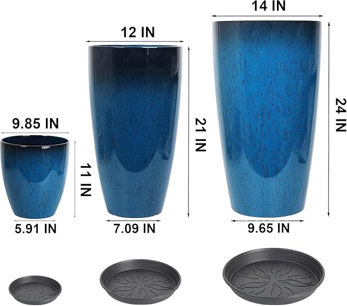 24/21/11 Inch Tall Planter Pots Garden Plastic Planters - Set of 3 for Indoor & Outdoor Use - Decorative Lightweight Flower Pots