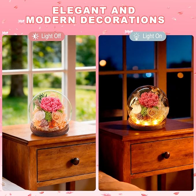 FIACO Gifts for Mom Women Preserved Flowers in Glass Dome Forever Flowers for Delivery Prime Eternal Roses Mothers Day Birthday for Grandma Sister Daughter Wife Her Girlfriend, Pink