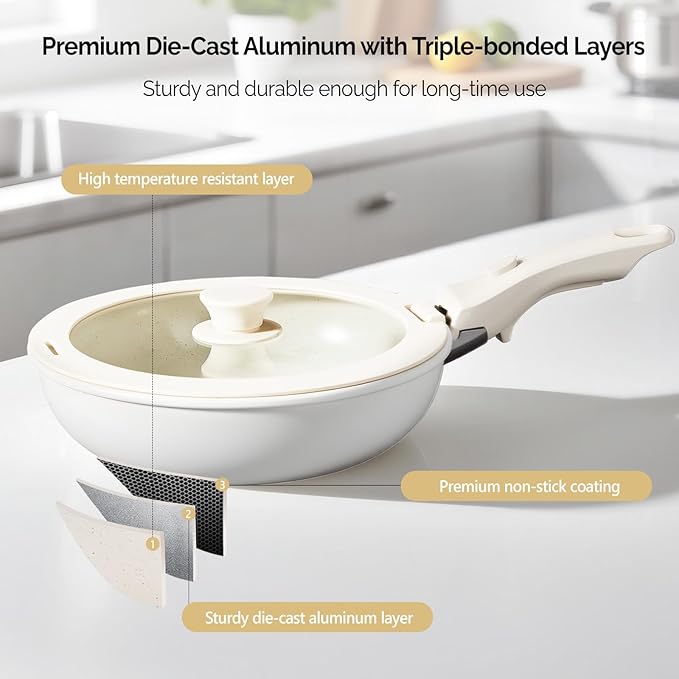 Bonnlo 19 Pcs Nonstick Pots and Pans Set with Lids, Kitchen Cookware Set with Detachable Handle Include Saucepan, Frying and Saute Pan, PFAS PFOA & PFOS Free, RV Induction, Aluminum, Cream White