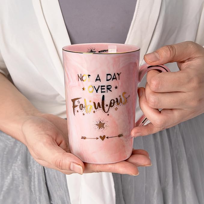 Funny Birthday Gifts for Women - 14Oz Not a Day Over Fabulous Coffee Mug Printed with Gold, Happy Birthday Gift Ideas for Her Bday, Mom, Sister, Best Friends Female, Christmas Ceramic Cup Gift, Pink